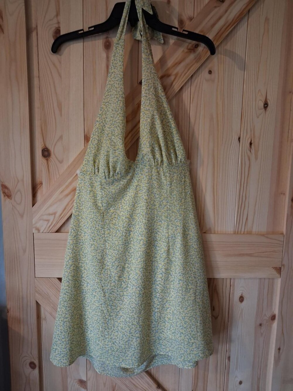 H&M Floral Halter Dress Size Large Yellow Green Ditsy Print Open Back Tie Neck